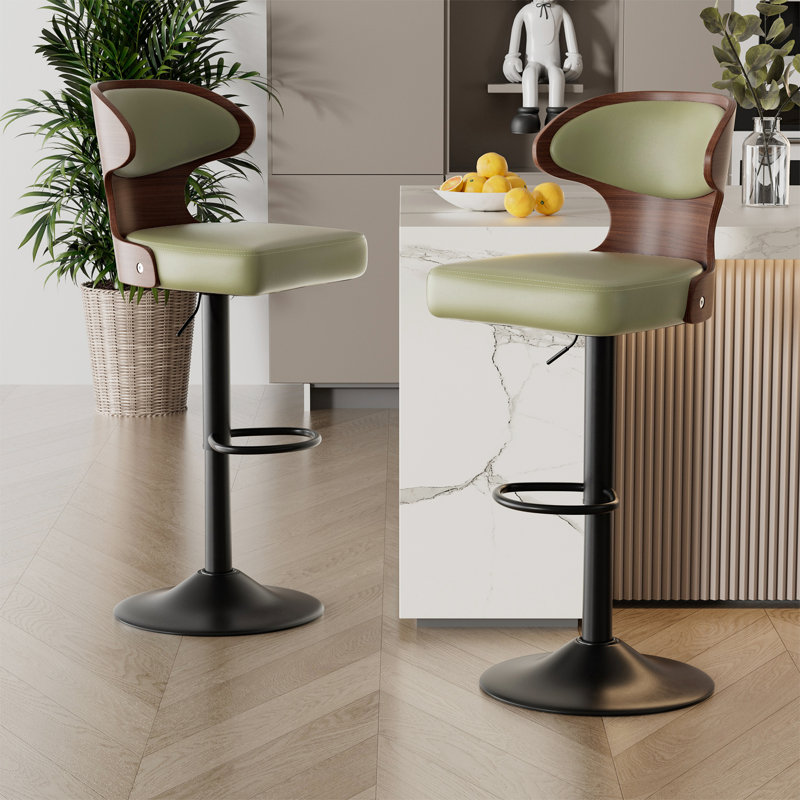 Bar Stools Set of 2 Seat Adjustable Height 62.2-85.1cm Bentwood Swivel Barstools with Back & Footrest - PU Leather Upholstered Bar Chair for Bar, Kitchen, Dining Room