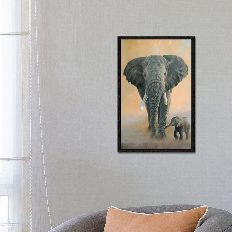 Elephant And Baby by David Stribbling - Painting on Canvas, 66.04 cm H x 45.72 cm W, Black Framed