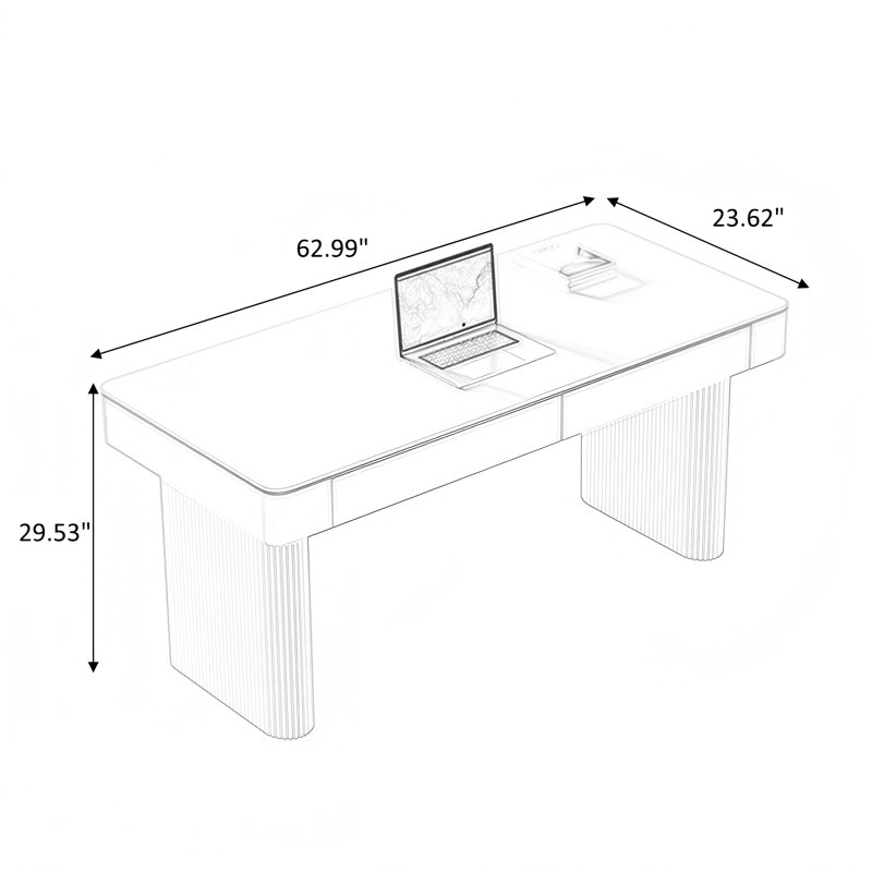 Bureau blanc rectangulaire en pierre frittée, 2 tiroirs, H 29,53 po x l 62,99 po x P 23,62 po