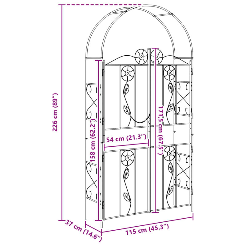 115cm W x 37cm D Steel Arbour, Green