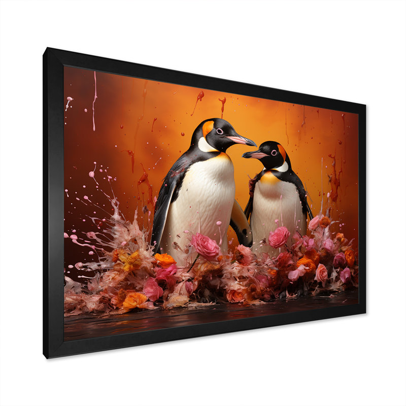 Flower Couple Penguins World, Cadre photo noir simple, H 16 po x l 32 po x P 1 po