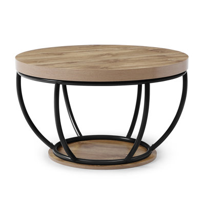 31" Round Industrial Coffee Table With 2-Tier Storage Shelves, Modern Wood & Black Metal Accent Center Table For Living Room, Home Office – Easy Assembly