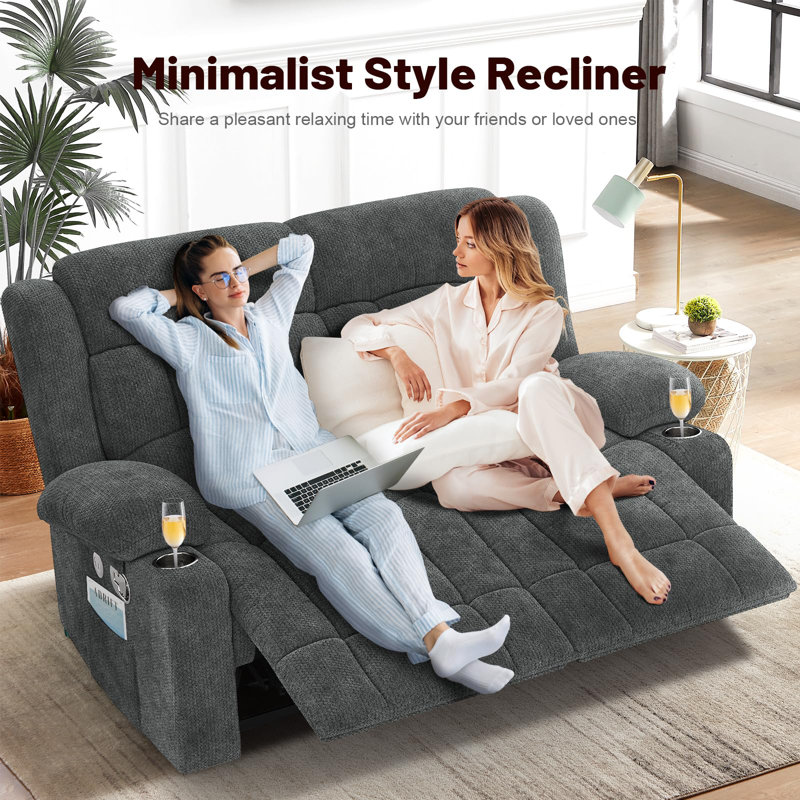Loveseat Recliner Sofa, Fabric Manual Pull Tab Reclining Loveseat with USB Charge Ports, Cup Holders, Recliner Love Seat Couches for Living Room, RV,