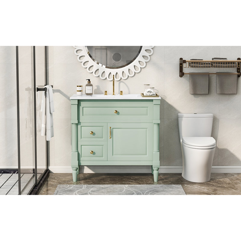 Armoire de salle de bain moderne 36 po avec lavabo, bois massif et panneau de fibres à densité moyenne