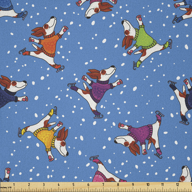 Auten Ice Skater Dancing Dogs in Colorful Sweaters Snowy Christmas Noel Weather Winter Time Fabric