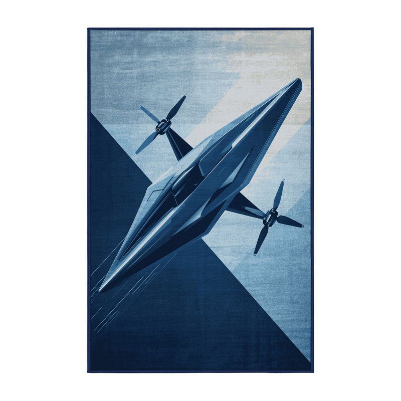 Machine Washable Vehicles And Transportation Flying Taxi Drone Modern Rug in Blue – Navy Binding, 8x12