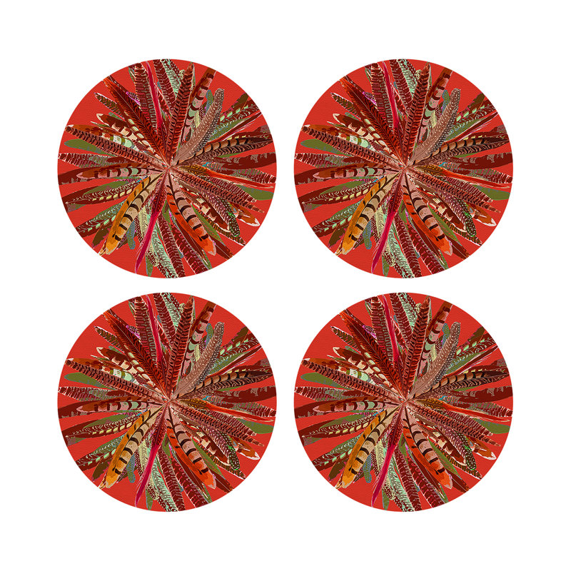 Pheasant Feathers Yellow Vegan Leather Round Coasters, Pumpkin