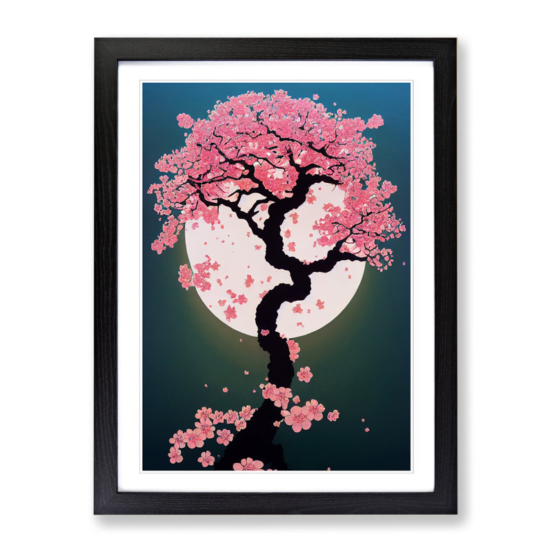 Cherry Blossom Tree Moon - Single Picture Frame Print, Black Framed, 64cm H x 46cm W x 2cm D