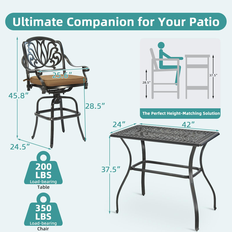  3-Piece Patio Swivel Bar Set, All-Weather Cast Aluminum Outdoor Bar Height Bistro Set With 2 Cushioned Bar Stools With Footrest And 42" Rectangle High Top Bar Table For Deck, Poolside, Garden