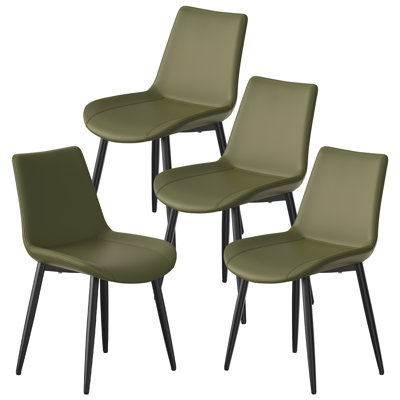 Ensemble de 4 chaises de salle à manger, 57 x 51 x 83 cm, revêtement en similicuir et acier au carbone, vert olive, design minimaliste moderne avec assise ergonomique légèrement concave.