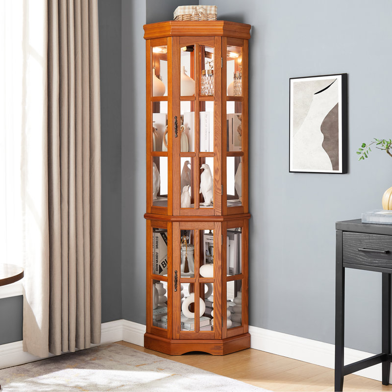 Armoire d'angle avec 5 tablettes et 5 lumières en chêne, Oak