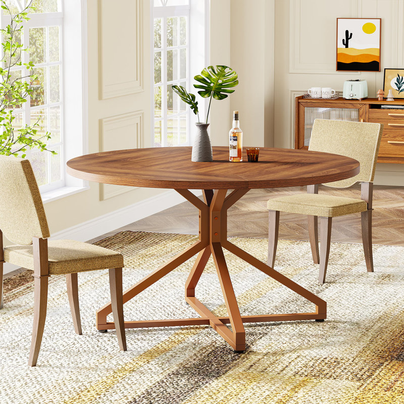 Brown Round Wood Dining Table with Metal Pedestal Base