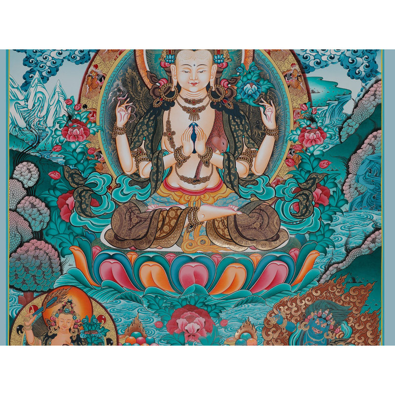 Art mural Kharchari (Chenrezig) Thangka - Bodhisattva bouddhiste tibétain, toile sans brocart peinte à la main en or 24 carats, boussole sacrée