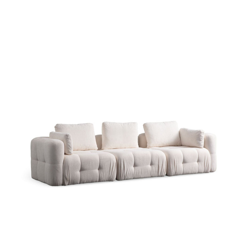Élégant canapé 3 places, blanc, 114,2 x 39,4 x 25,6 pouces | Structure en bois de hêtre durable et en carton, tissu 100% polyester | Comprend 5 coussins moelleux | Mousse grise douce et confortable et mousse de silicone | Parfait pour les salons modernes