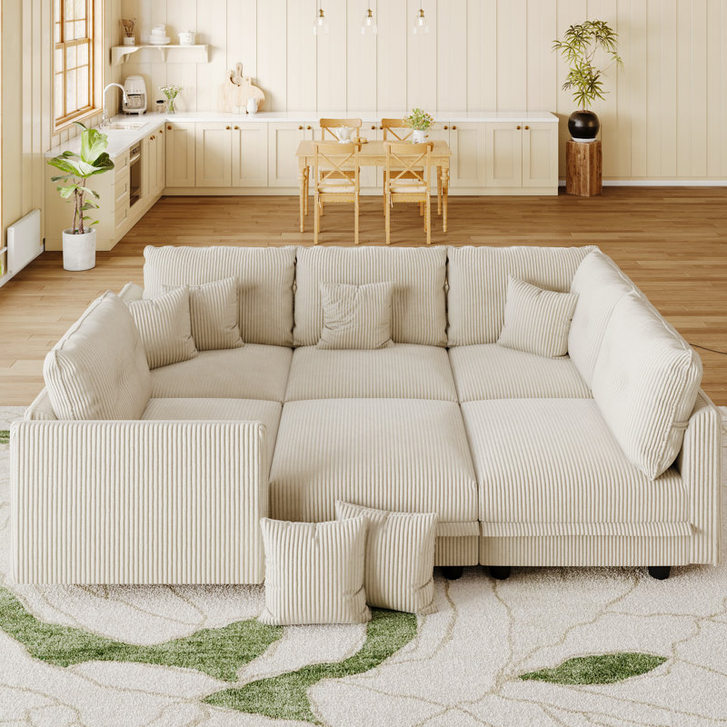 Canapé modulaire convertible 6 places en velours côtelé avec rangement, 4 coussins de dossier et 6 coussins décoratifs