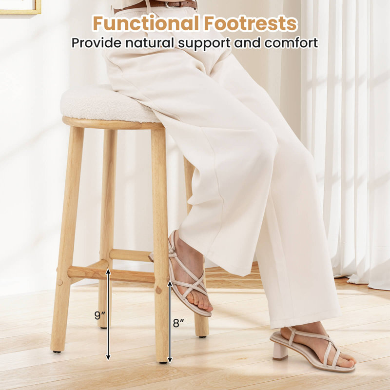 27" Bar Stools Set of 2 Upholstered Barstools with Boucle Fabric Seats Footrests, 2