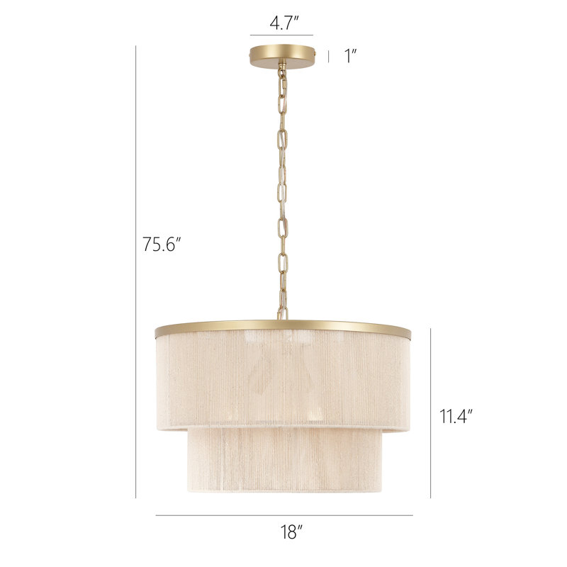 18" 3-Light Handwoven Rope Drum Chandelier, Gold, Beige