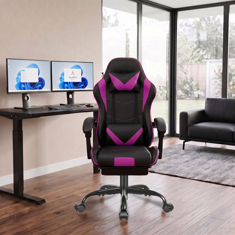 Fauteuil de jeu ergonomique de course avec repose-pieds rétractable, accoudoir à tringles, inclinaison à 135 °, hauteur réglable, pivotement à 360 °, charge maximale de 400 lb pour le bureau et les jeux