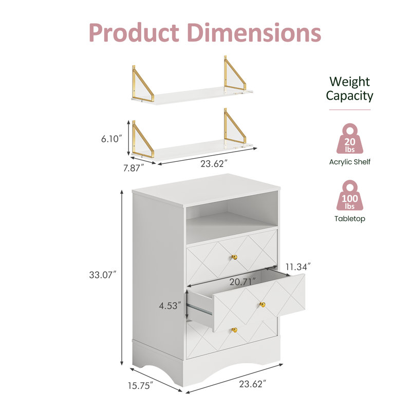 33'' H Storage Dresser Chest With 3 Drawers & 2 Wall Mount Shelves