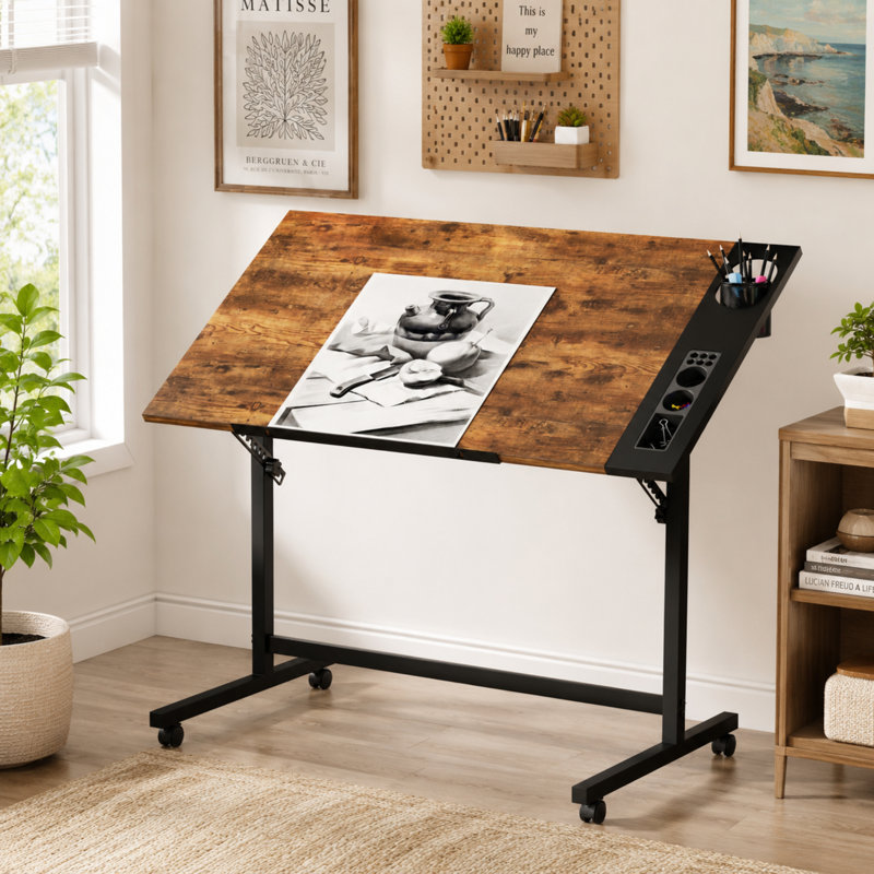 Drafting Table Tilting Top Desk with Slide Rolling Wheels Wood Drawing Table Craft Work Station with Built-In Pencil Groove and Pencil Ledge, Angle Adjustable Work Surface