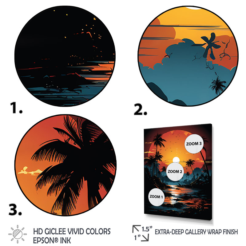 Orange et noir, paysage tropical, coucher de soleil, paysage abstrait, Cadre simple blanc, H 20 po x l 12 po x P 1 po