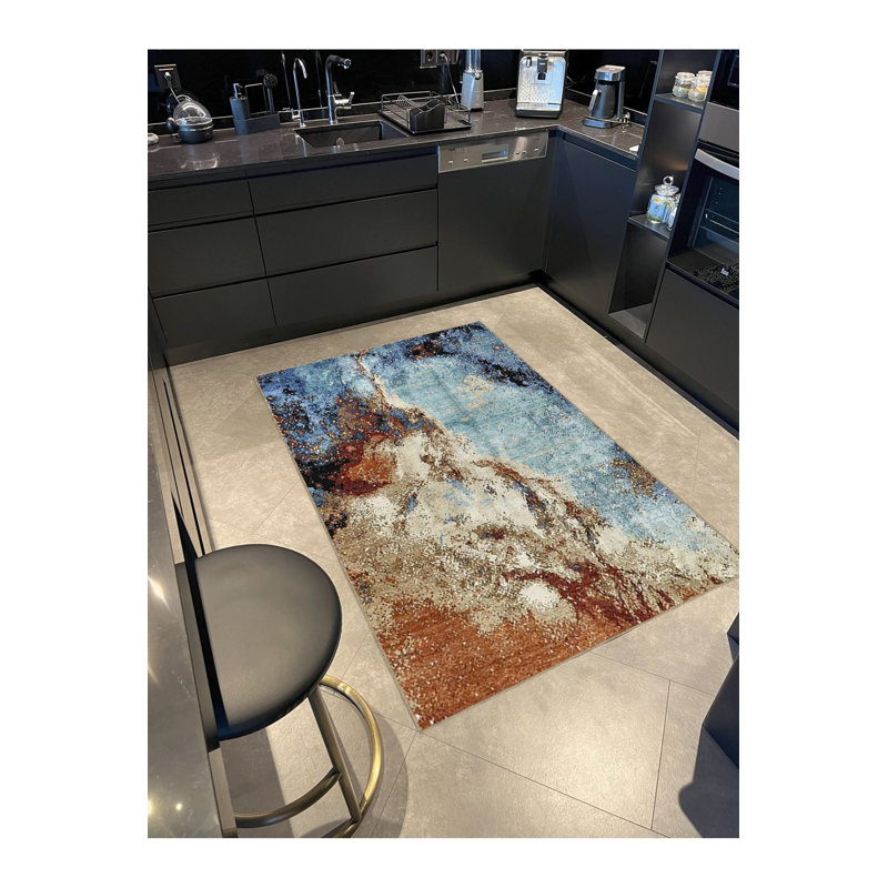 Tapis bleu délavé à motif abstrait et créatif, Tapis de couloir 2 pi 6 po x 6 pi 7 po