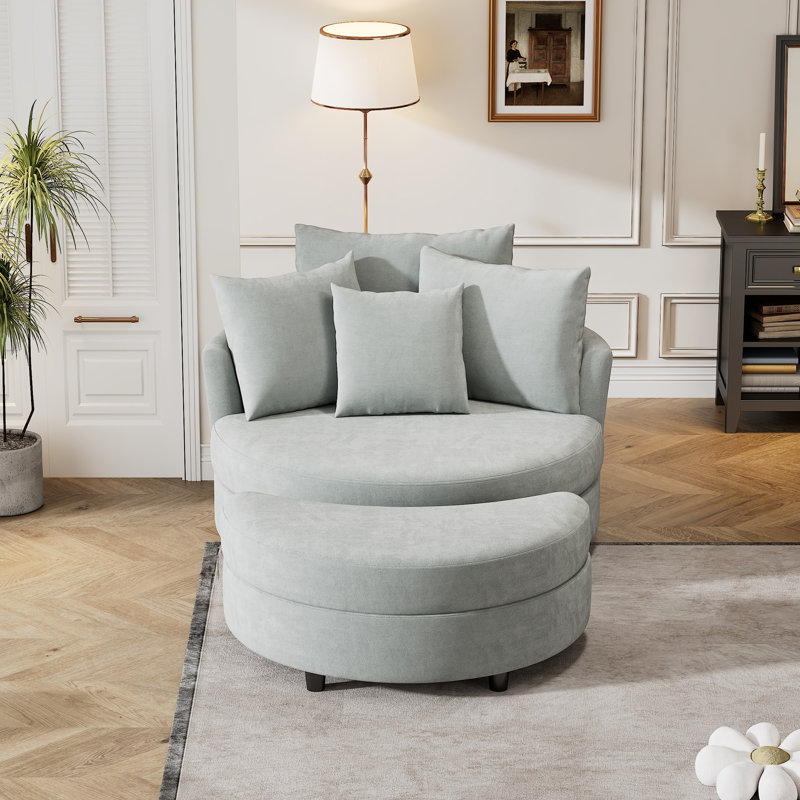Edene 360° Swivel Accent Barrel Chair,bedroom chair with Storage Ottoman & 4 Pillows, Beacon Gray 100% Linen