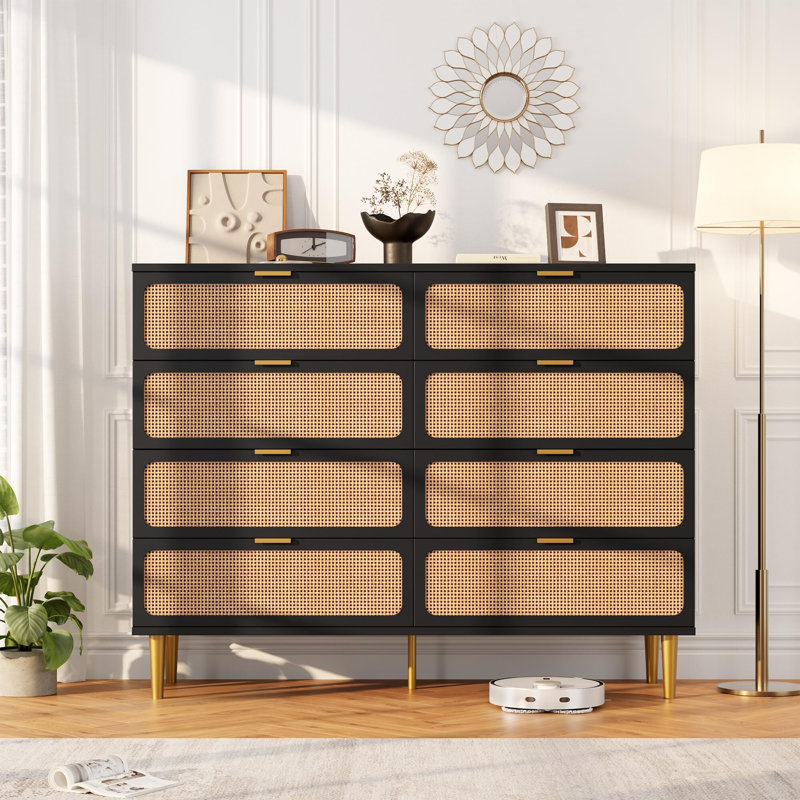 Rattan 8-Drawer Dresser, Tall Chest of Drawers with Deep Storage and Wide Top, Large Wooden Dresser for Bedroom, Black