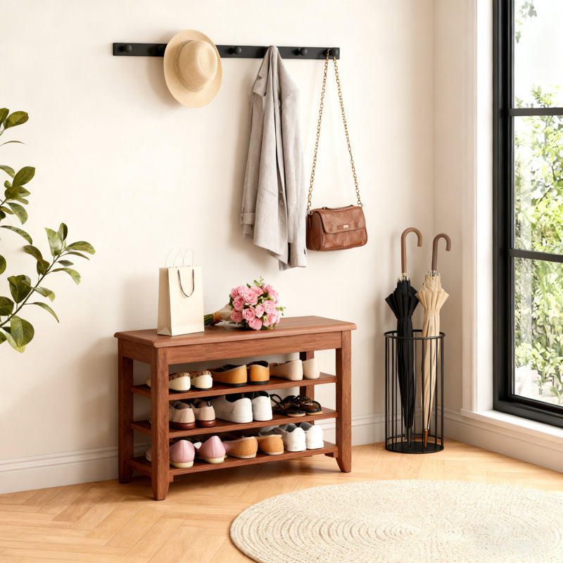 Banc à chaussures en bois massif 31,7 po avec rangement relevable, rangement pour hall d'entrée à 3 niveaux d'une capacité de 550 lb
