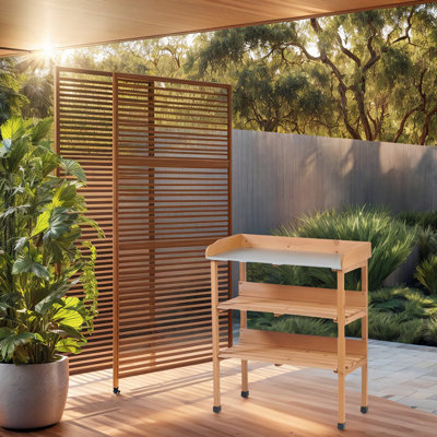 Table de rempotage 30 po x 14,5 po x 35,5 po avec plateau en métal, banc de travail extérieur à 3 couches avec crochet pour le jardin, poste de travail en bois massif pour le garage