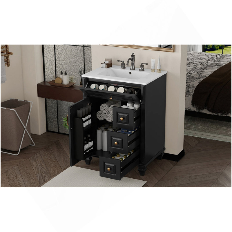 24 Inch Bathroom Vanity With Sink, Black Freestanding Vanity Cabinet With Flip-Out Drawer, 3 Drawers & Storage Cabinet, Wood & MDF, Ceramic Sink Top
