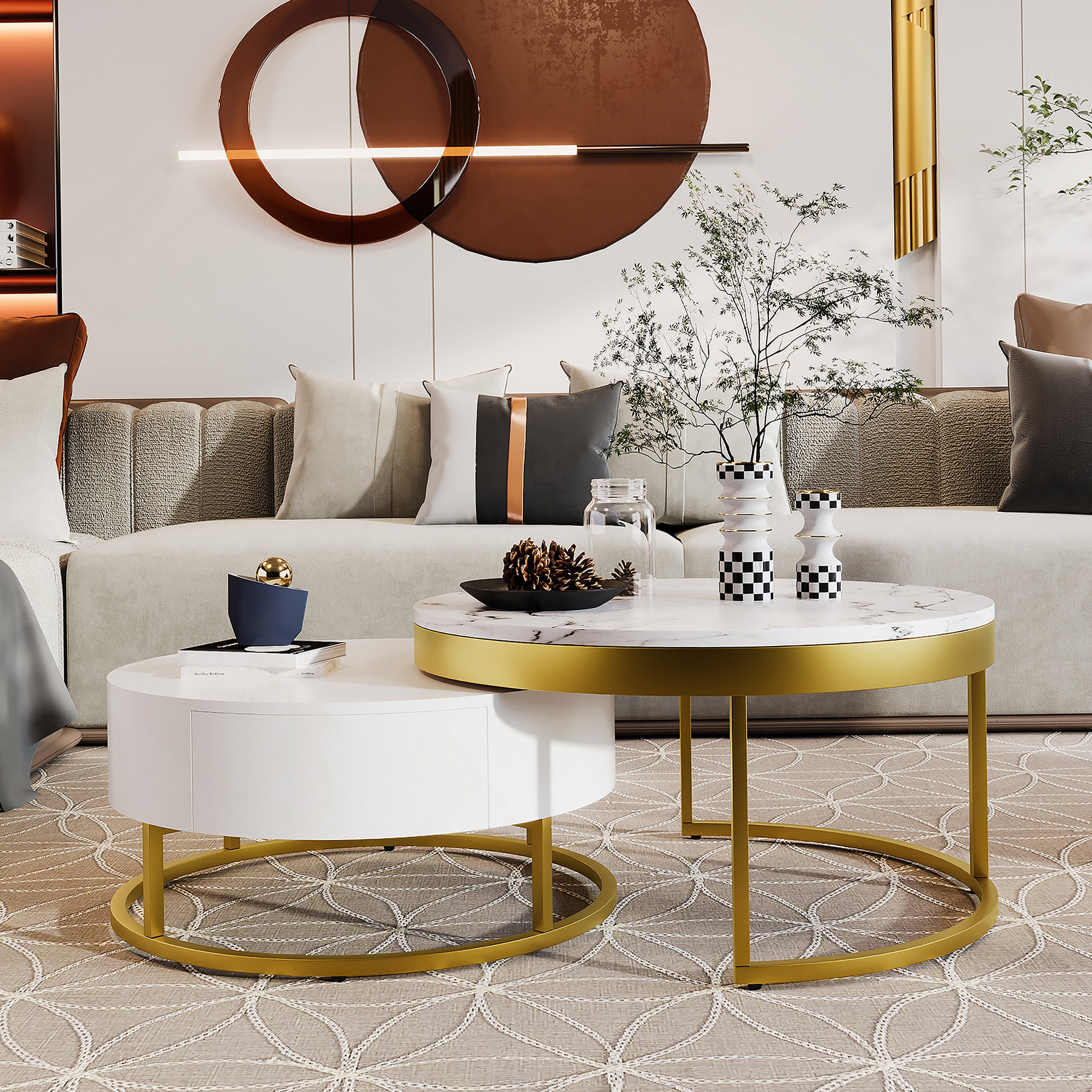 Mercer41 Modern Round Nesting Coffee Table With Drawers In White | Wayfair