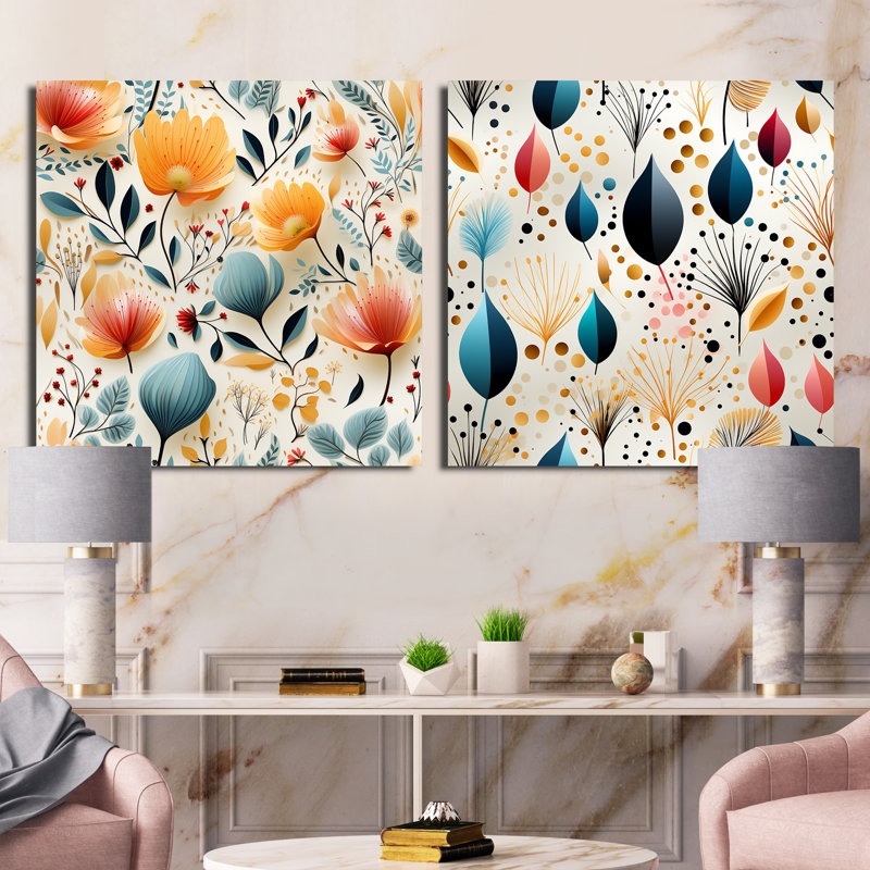 Composition de fleurs botaniques de couleur pastel III - ensemble de 2 carrés botaniques abstraits, H 36 po x l 73 po