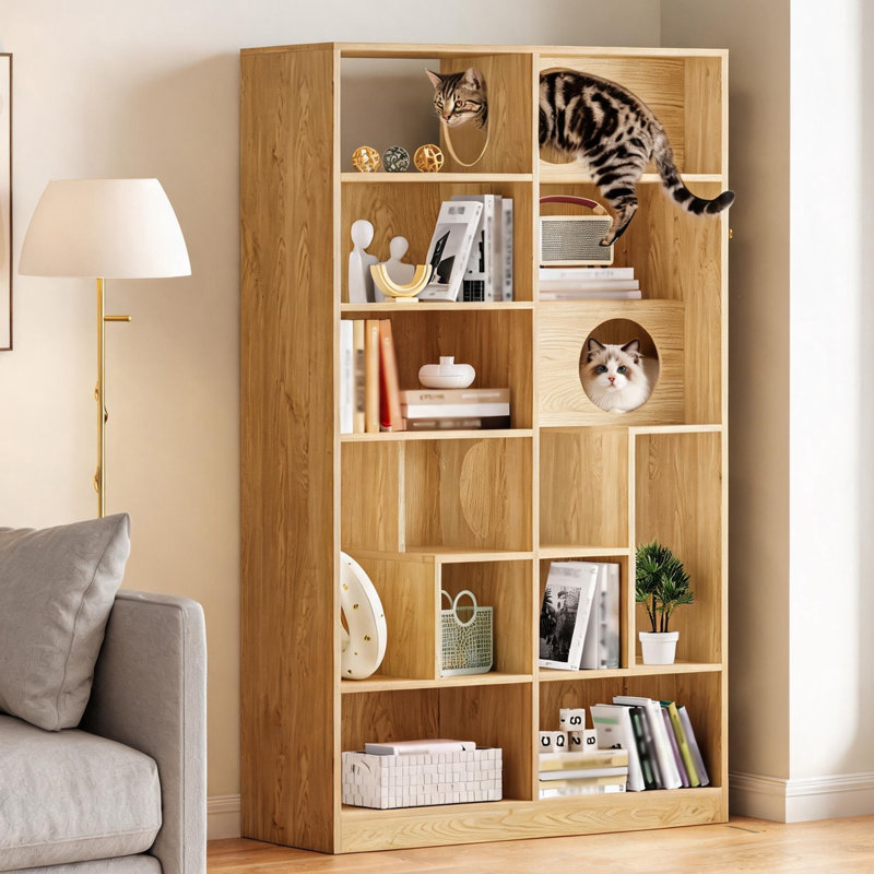 Bibliothèque pour arbre à chat 2-en-1, support de rangement pour chat en bois multi-niveaux avec bac à litière, finition naturelle