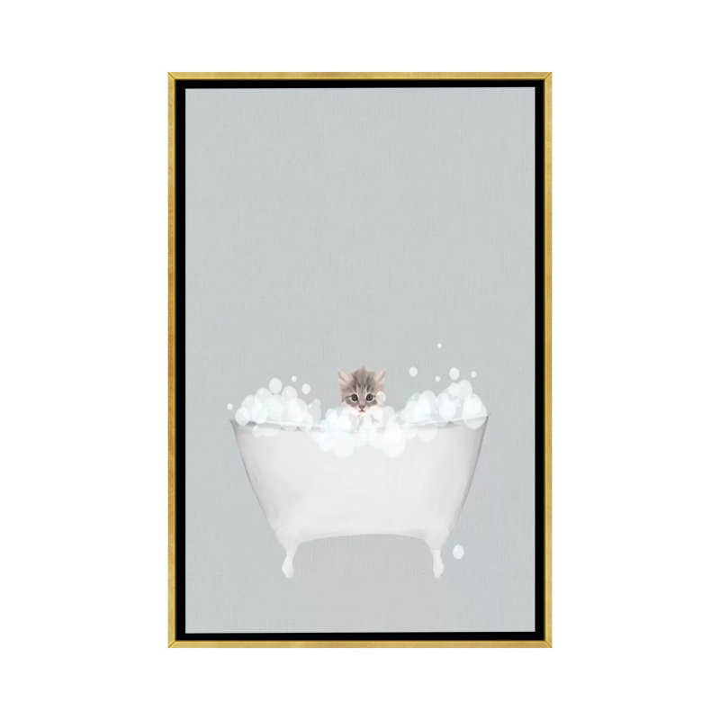Bain bleu chaton par Leah Straatsma-reproduction d’art, H 60 po x l 40po x P 1,5 po, Toile encadrée d'or, Pas de tapis