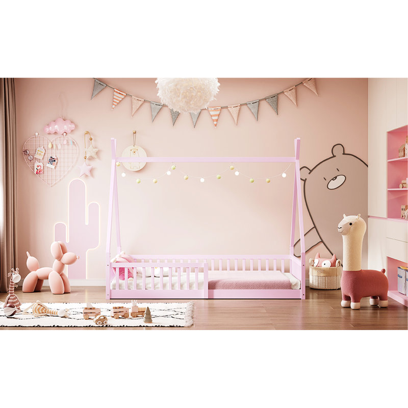 Lit simple en bois avec clôture rose - pin massif pour lit Splendor, pièce, Rose