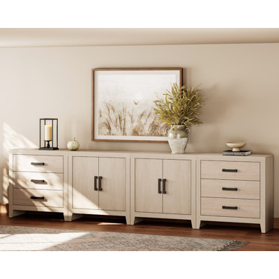 Meuble télé Eaton Farmhouse avec 2 armoires et 6 tiroirs, centre de divertissement moderne pour le salon, la chambre à coucher ou le vestibule, meubles de rangement multimédia fermés, beige
