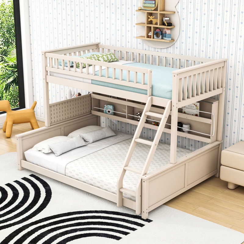 Bunk Bed with Shelving, Color-Changing Lights and Pegboard, Beige, Twin XL Over Queen