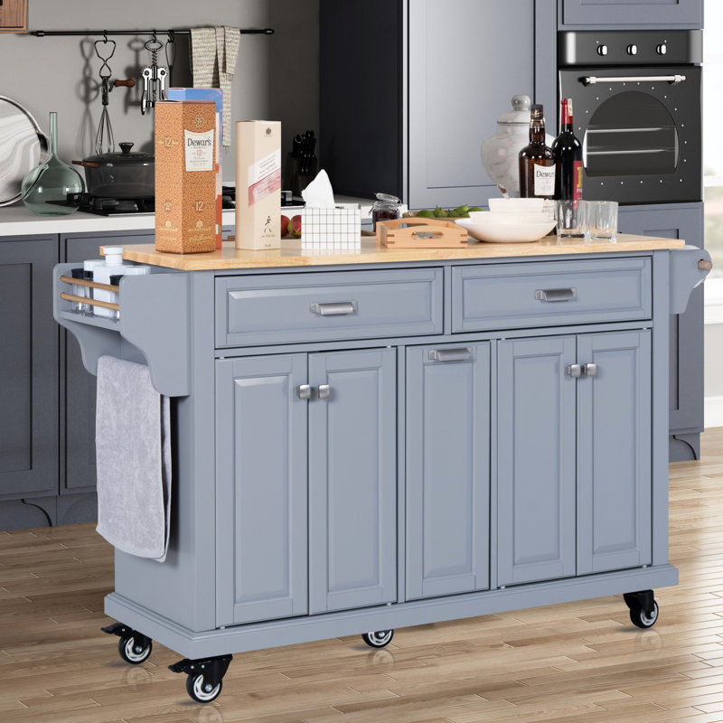 Kitchen Island With Rubber Wood Countertop, Kitchen Cart On 5 Wheels With Storage Cabinet And 2 Top Drawers And A Center Double Layered Storage Drawer, Kitchen Island