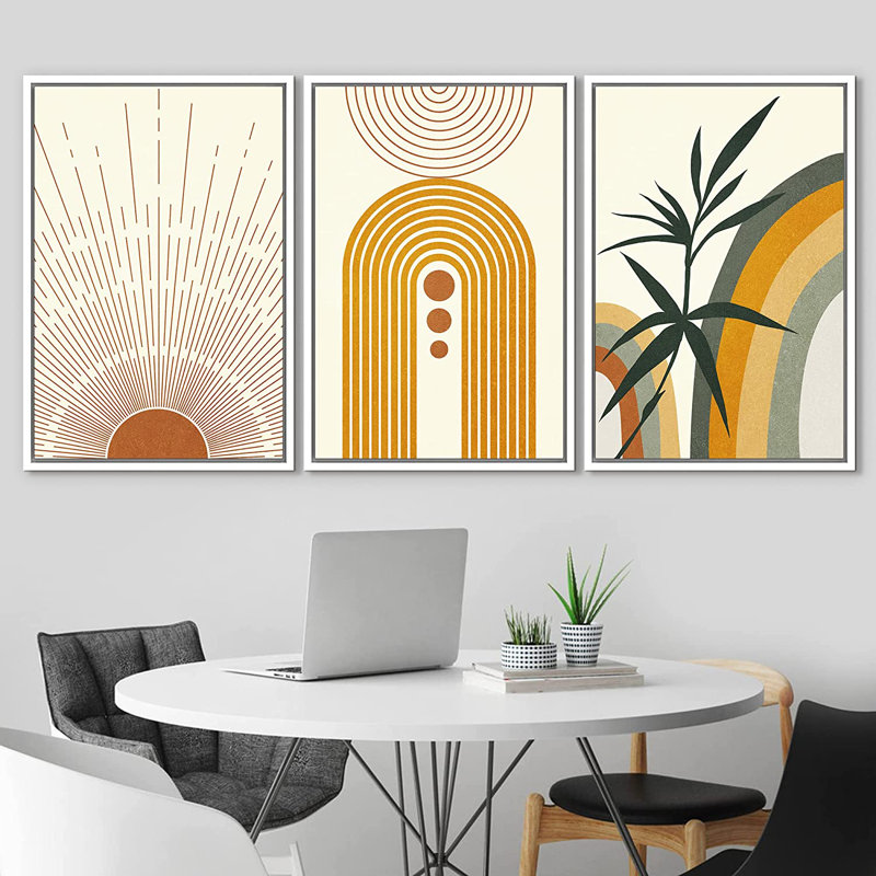 «Mid Century Modern Boho Geometric Sun Forest Plant Abstract», ensemble de 3 impressions sur toile, Blanc