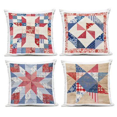 Classic Patriotic Quilt Patterns 4 Piece Outdoor Printed Pillow Set, design by Susan Arnot