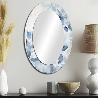 Feuilles de ginko tendres dans des tons de bleu aquarelle - grand miroir mural ovale sur métal