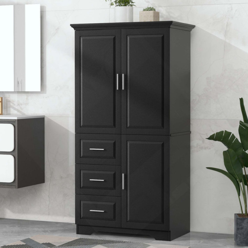 Tall And Wide Storage Cabinet With Doors For Bathroom/Office, Three Drawers, Black