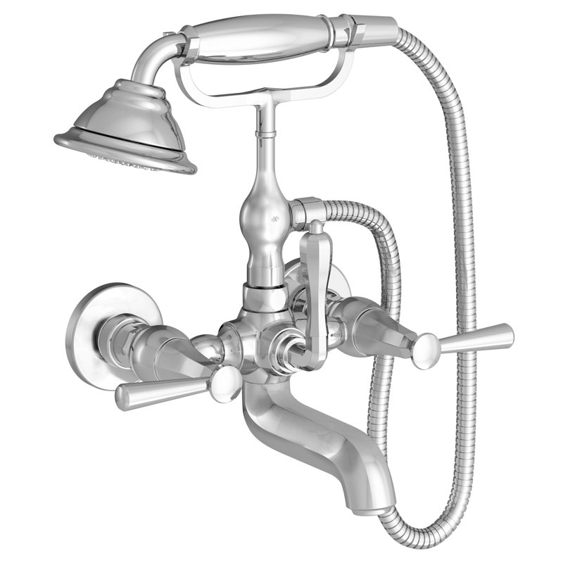 Fitzgerald Lyndon SL Triple Handle Wall Mounted Clawfoot Tub Faucet with Handshower, Polished Chrome