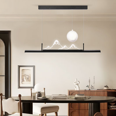 Celestial Ridge Luminary - Dining Room Statement Light - Floating Moon & Mountain Silhouette Linear Chandelier