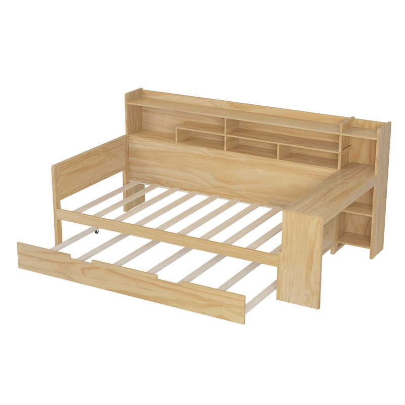 Twin Size Wooden Daybed with Trundle, Built-in Desk and Storage Shelves, Multi-Functional Bed Frame, Natural