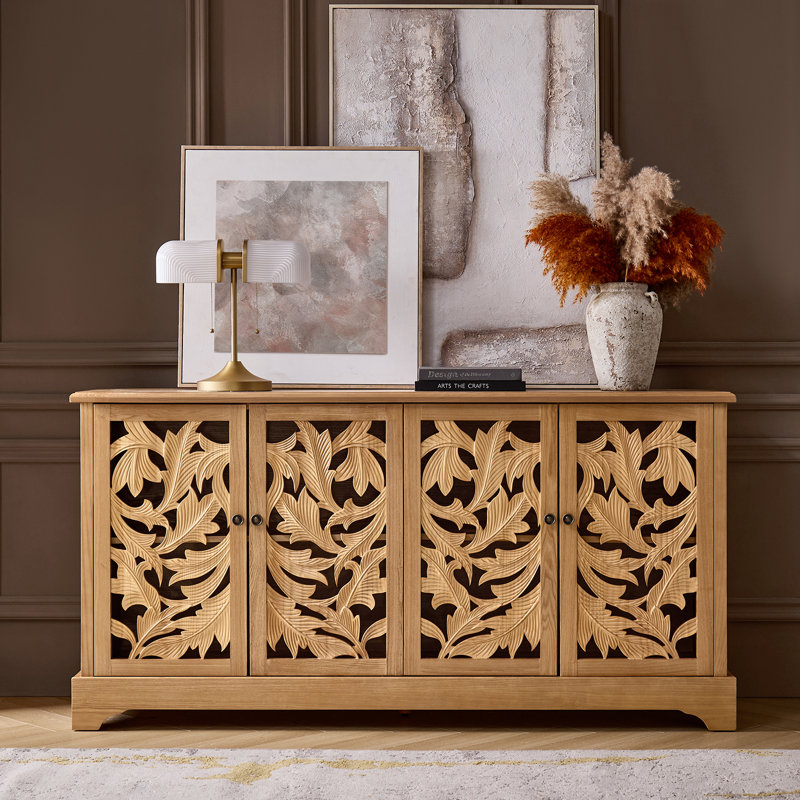 Jordan Traditional 63"Wide 4 Door Vintage Solid Carved Sideboard with Cable Management, Oak