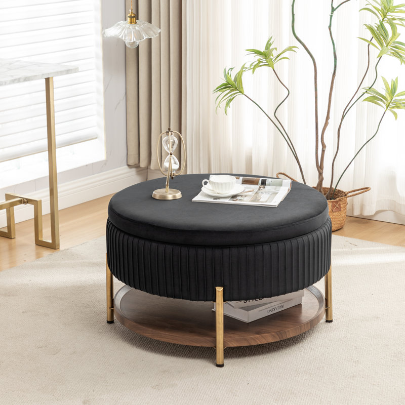 Charyn Upholstered Round Storage Ottoman, Black