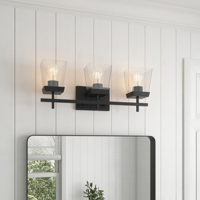 Luminaire de salle de bain E26 en métal noir avec abat-jour en verre transparent, à intensité variable, certifié UL pour salle de bain