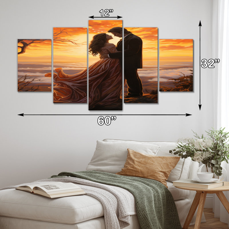  «Romantic Couple Landscape Luminous Embrace V - Décoration murale paysage romantique - 5 panneaux
